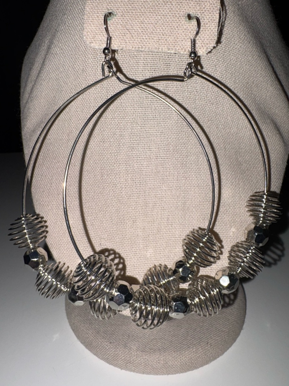 Silver Hoop Earrings with Decorative Beads - Women Jewelry